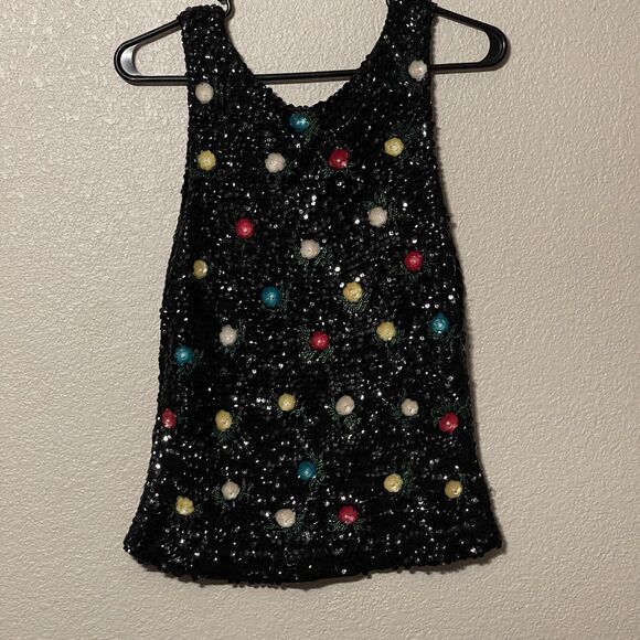 TRIO Vintage 50s Women S Black Wool Angora Beaded Sequin Rosette Sweater Vest - Picture 3 of 8